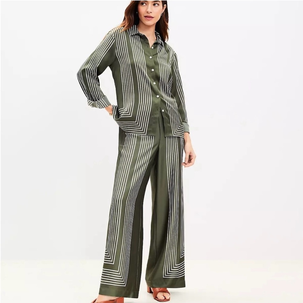 LOFT Geo Twill Olive and White Striped Wide Leg Pants
